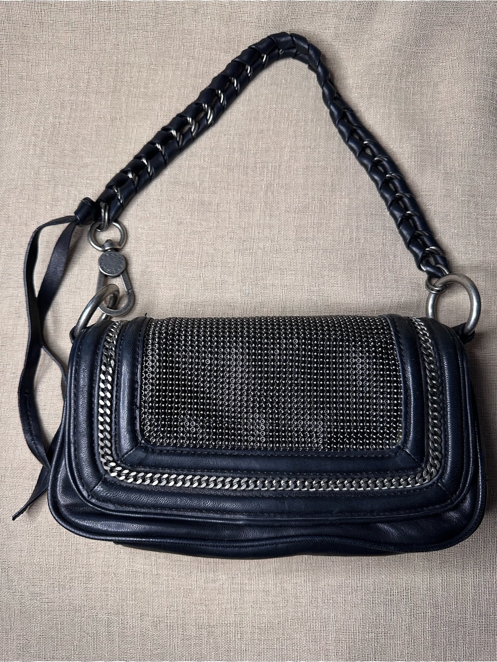 VTG BCBGMAXAZRIA Black Leather Chainmail Flap Shoulder Bag Y2K